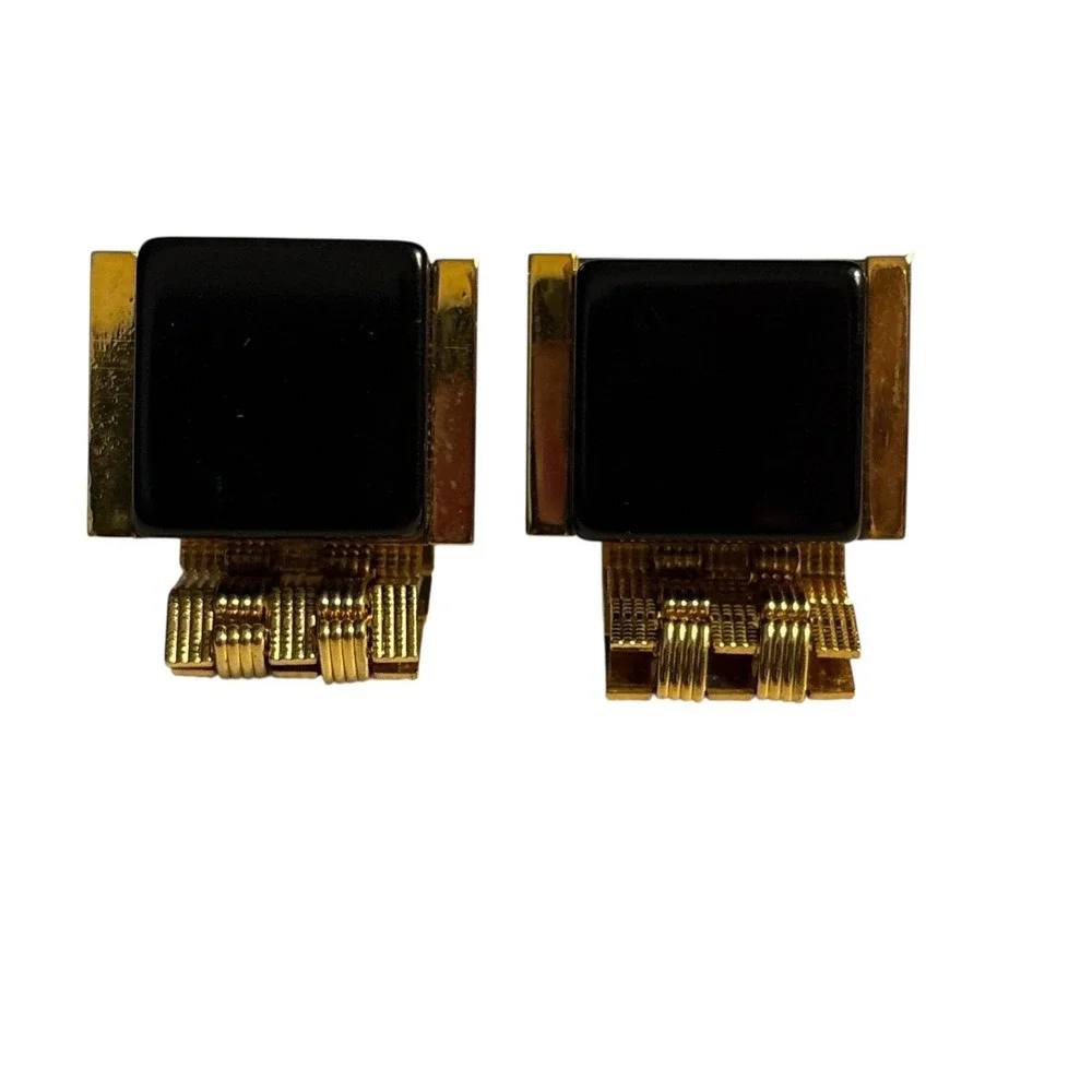 Vintage Cufflinks Black Lucite Wrap Around Gold‎ Tone Watch Band Style Chain